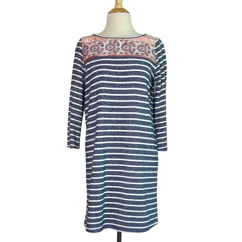 THML Women Medium Navy Striped 3/4 Sleeve Embroidered Shift‎ Dress Preppy Boho